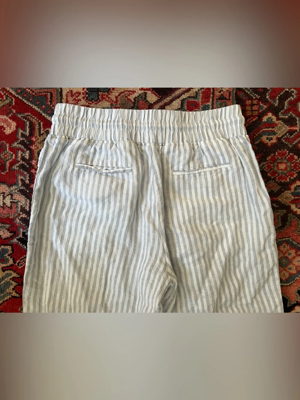Quince 100% European Linen Wide Leg Pants in Sky blue Mariner Stripes— Large
